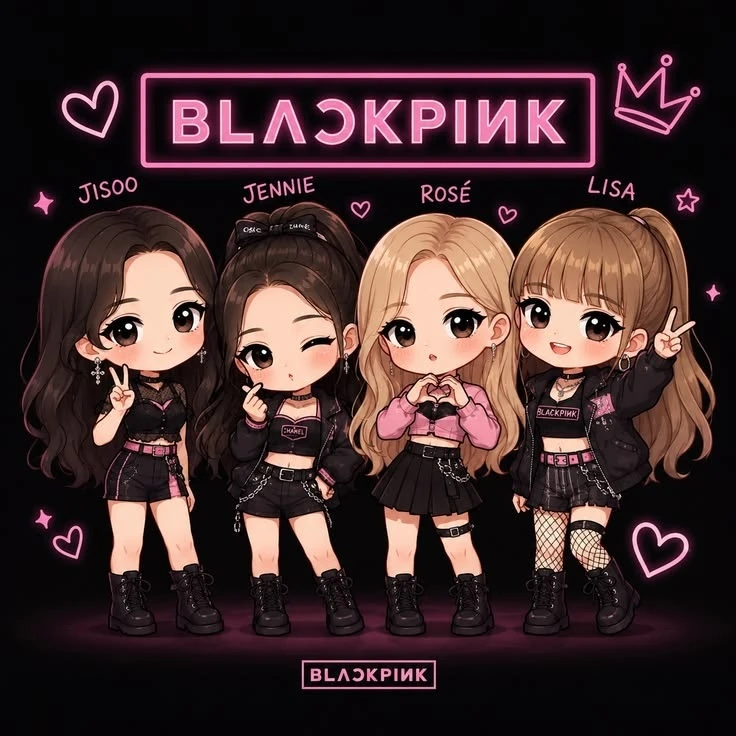 Les quatre personnages de la team, en tenues roses et noires